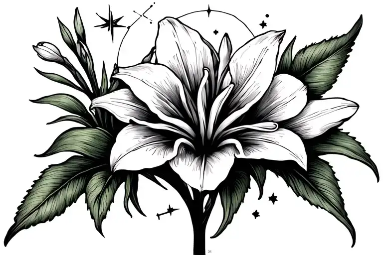 Bouquet of Lilly of valley flowers overlapping a Leo constellation stars with a swirly sun  tattoo design idea