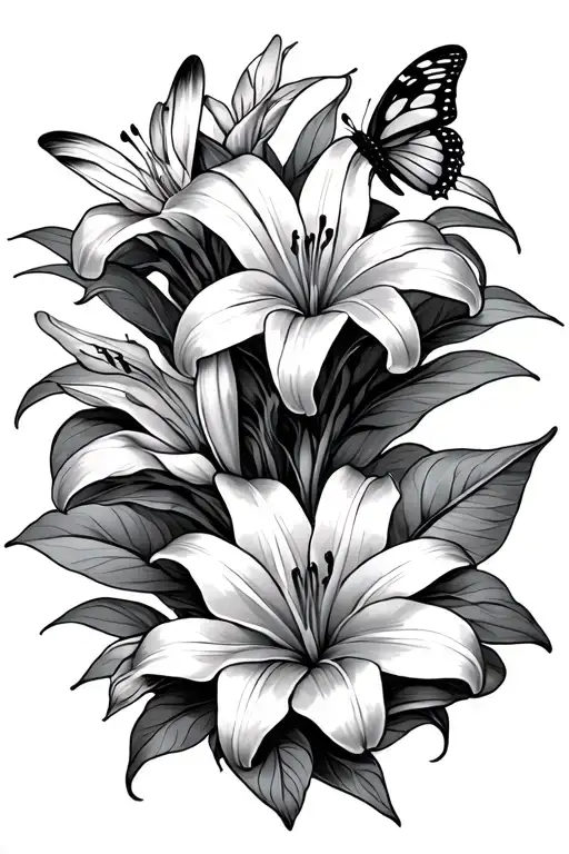 lilies and butterflies with with peace comes Strength tattoo design idea