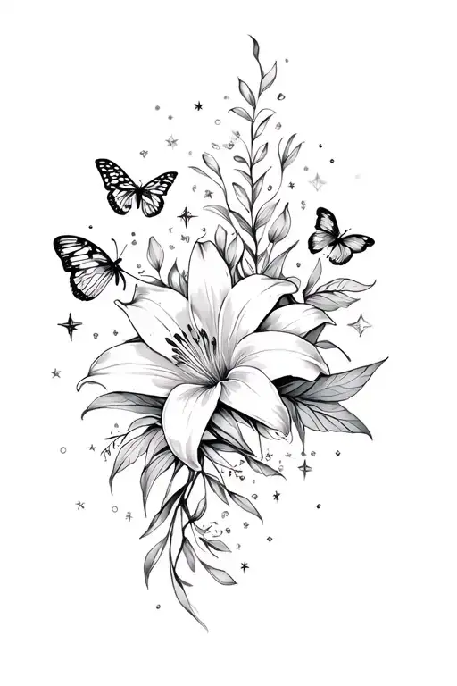 "Long tattoo in the entire forearm" of lilies, butterflies, stars tattoo design idea