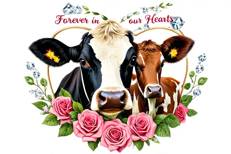 "Forever in our Hearts " "Forever in our Hearts "  cow,roses,diamonds and baby calf tattoo design idea