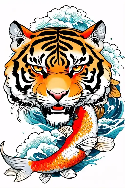 Japanese fierce tiger, finger waves, koi fish, cherry blossoms tattoo design idea