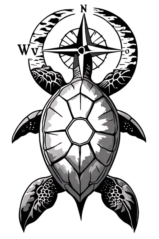 Ocean, mountains, compass rose, cancer zodiac sign, sea turtle tattoo design idea