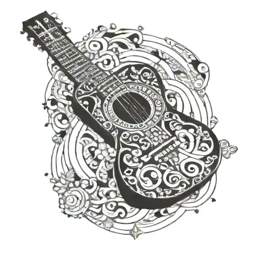 Incorporate Balinese traditional patterns into a guitar silhouette tattoo, with Taurus constellation as a background element tattoo design idea
