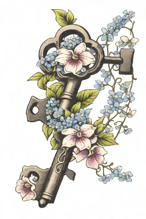 Vintage key with wisteria and forget-me-nots tattoo design idea