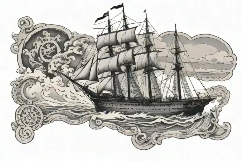 Top is CSS ALABAMA,  another ship burning in the background. ship facing to the right  tattoo design idea