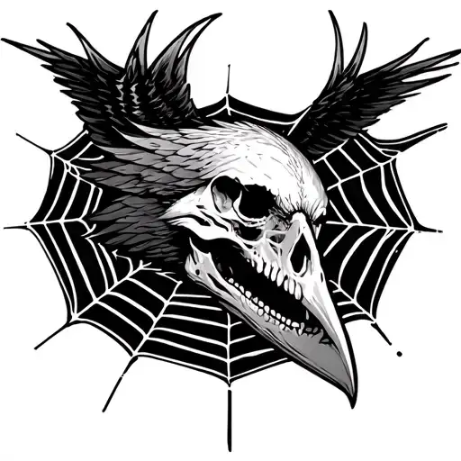 Raven skull at the top of a spiders web, the web runs from the wrist to the elbow tattoo design idea