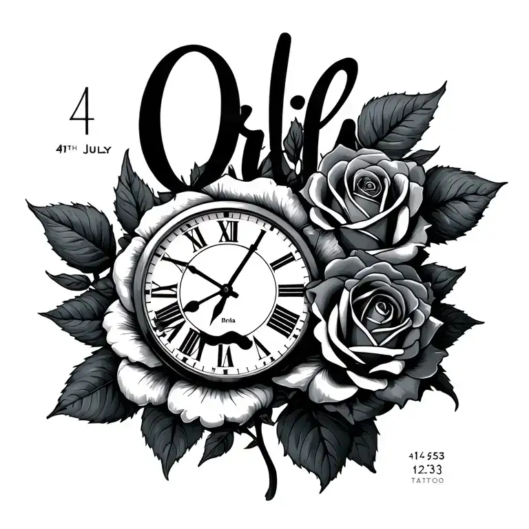 text 'Orla,' date 4th July, Clock time 12:53, Roses tattoo design idea