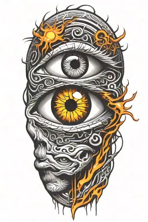 eye and fire,sun. electricity, florida psycedelic tattoo design idea