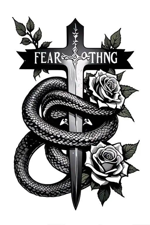 a snake wrapping around a cross with the words FEAR NOTHING and with a dagger going through the cross and roses tattoo design idea