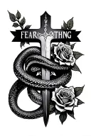 a snake wrapping around a cross with the words FEAR NOTHING and with a dagger going through the cross and roses tattoo design idea