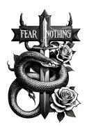 a snake wrapping around a cross with the words FEAR NOTHING and with a dagger going through the cross and roses tattoo design idea