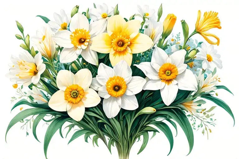 a bouquet with 1 narcissus, 1 daisy, and 1 lily, placed across a c section scar tattoo design idea
