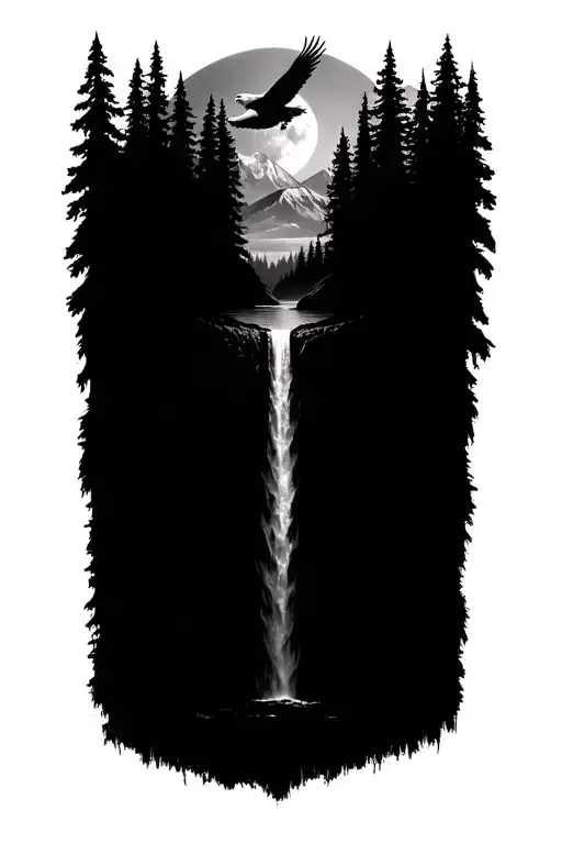 forest with a waterfall in the middle, no mountains and a bald eagle flying with a moon in the background tattoo design idea