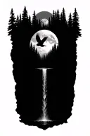 forest with a waterfall in the middle, no mountains and a bald eagle flying with a moon in the background tattoo design idea