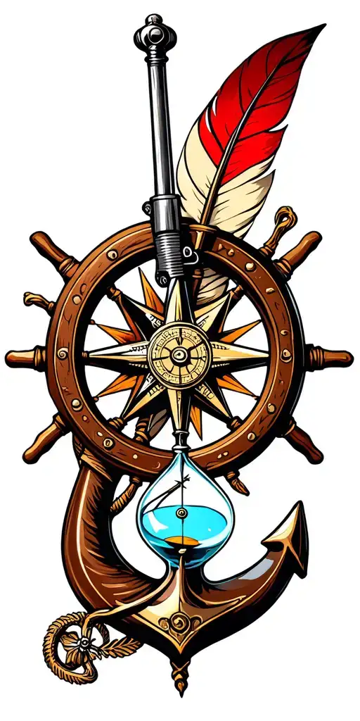 flintlock pistol, cutlass, quill pen, nautical compass, fouled anchor, ship's wheel, hourglass tattoo design idea