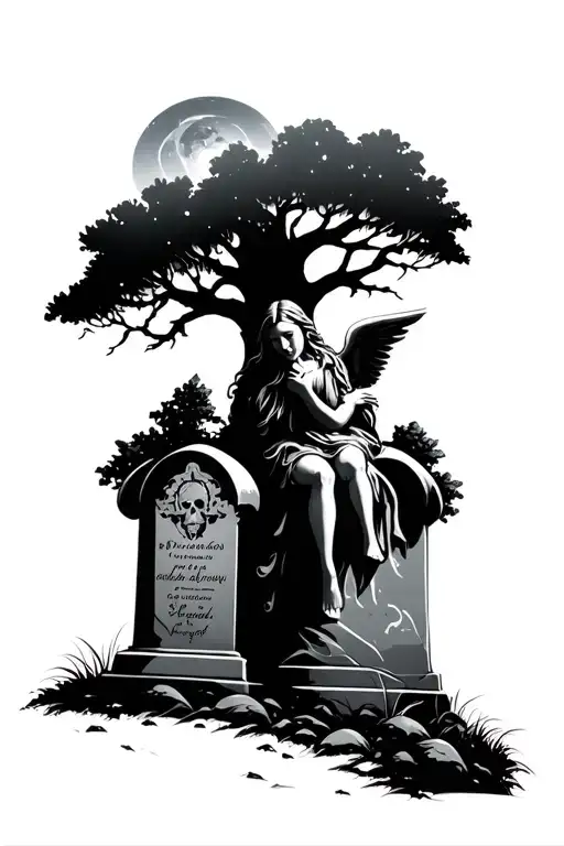 small angel weeping sitting on a headstone under a big dead tree and night sky tattoo design idea