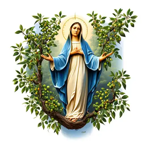 Our Lady Of Fatima ontop of olive stree tattoo design idea