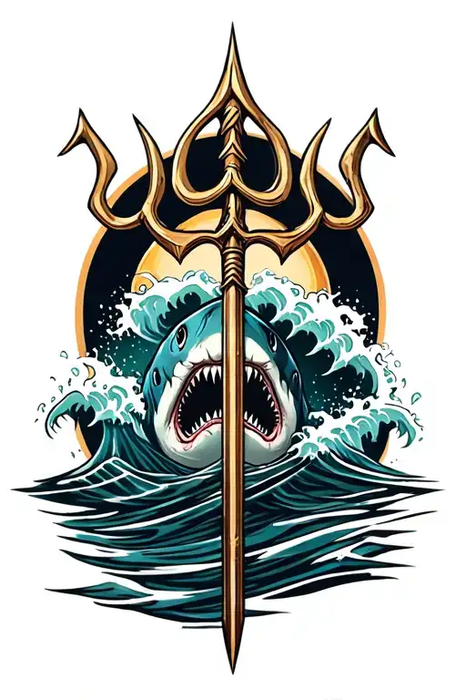 Poseidons Trident With Waves crashing and shark swimming tattoo design idea