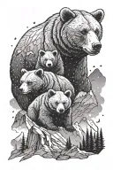 Big calm Bear with two little bears in front of a Mountain and milky way in the sky  tattoo design idea
