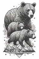 Big calm Bear with two little bears in front of a Mountain and milky way in the sky  tattoo design idea