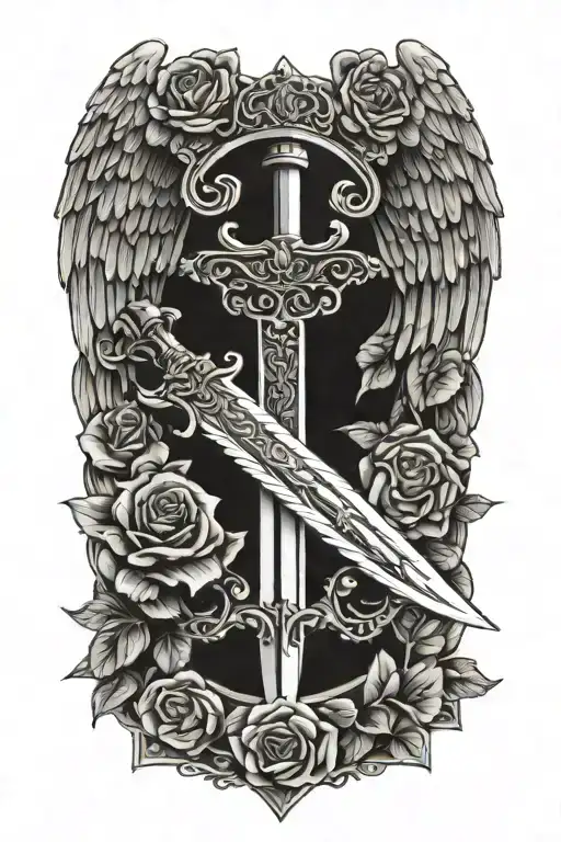 angel wings behind sword, roses tattoo design idea