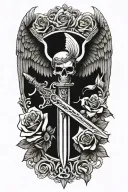 angel wings behind sword, roses tattoo design idea