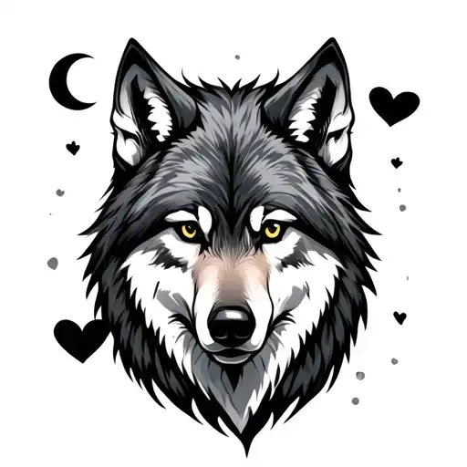 Wolf I want with a little moon and heart tattoo design idea