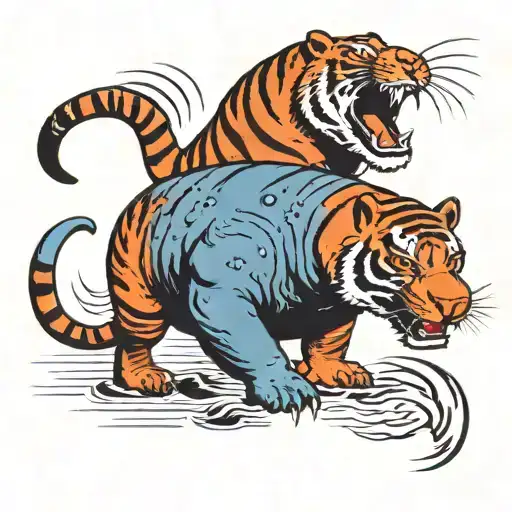 tiger fighting hippo tattoo design idea