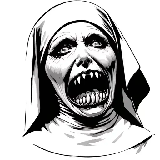Possesed Nun with black gaped mouth open tattoo design idea