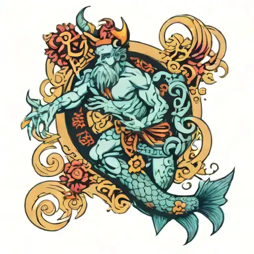 pisces zodiac neptune god with tridant tattoo design idea