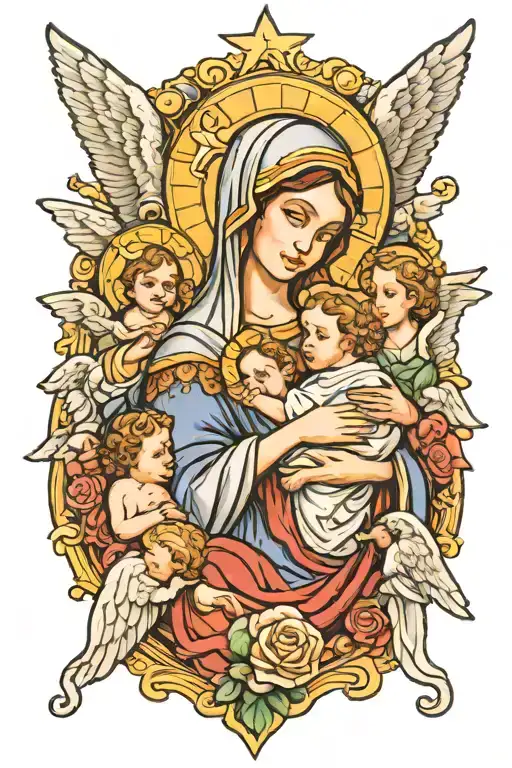 Mary holding baby Jesus surrounded by angels tattoo design idea