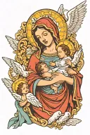 Mary holding baby Jesus surrounded by angels tattoo design idea