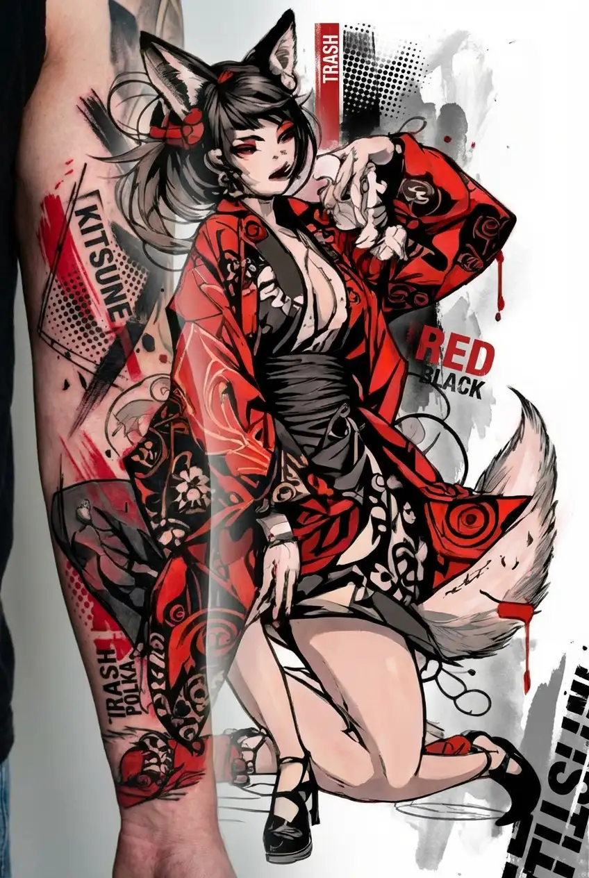 Sexy Girl, big boobs, revealing kimono, big fluffy fox tail from butt, fox ears, petite, sexual Facial expression. tattoo design idea