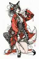 Sexy Girl, big boobs, revealing kimono, big fluffy fox tail from butt, fox ears, petite, sexual Facial expression. tattoo design idea