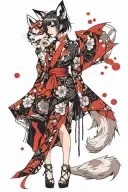 Sexy Girl, big boobs, revealing kimono, big fluffy fox tail from butt, fox ears, petite, sexual Facial expression. tattoo design idea