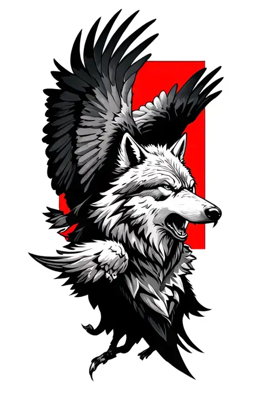angry wolf and raven soaring tattoo design idea
