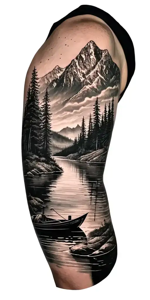 A black an grey tattoo of a river mountain forest lake boat tattoo design idea