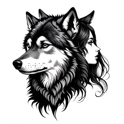 wolf and lady head profile tattoo design idea