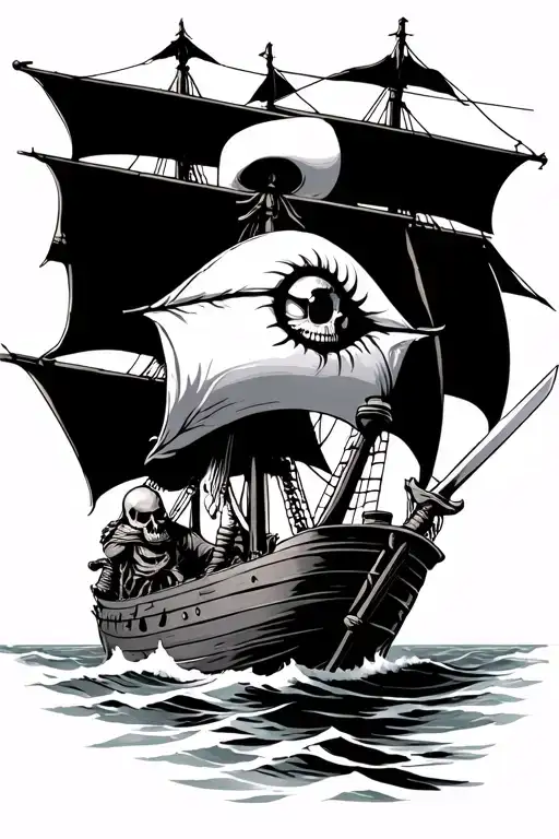 one eye skeleton pirate driving a ship while holding a sword realism tattoo design idea