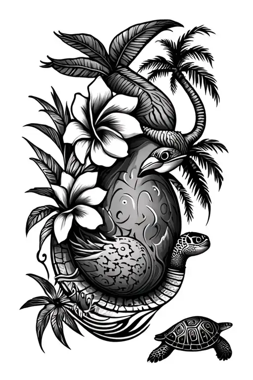 arm tribal sleeve tattoo with a proa, Guam flower, Guam bird, banyan tree, coconut tree, sea turtle, and latte stone tattoo design idea