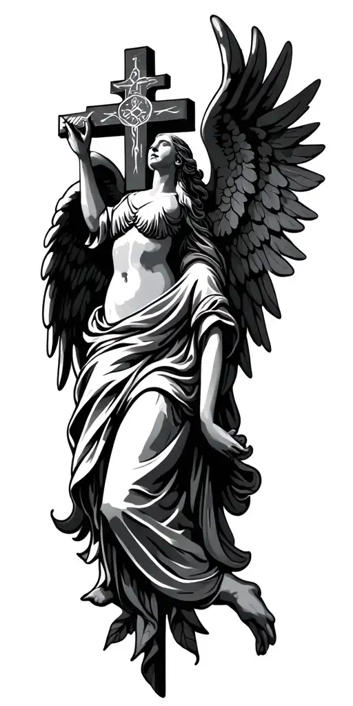 exercise nature christian cross with angel tattoo design idea