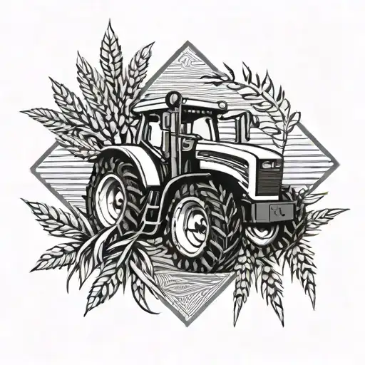 A sleek and modern geometric design incorporating agricultural symbols like wheat or tractors, in blackwork style tattoo design idea