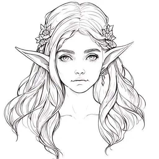 elf lady head with long hair tattoo design idea