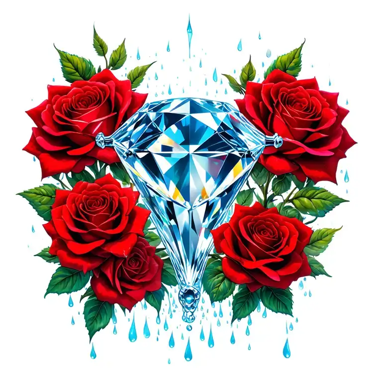 1 large diamond in center, rain, surrounded by red roses ovaries fallopian tubes uterus vagina, fertility, goddess tattoo design idea