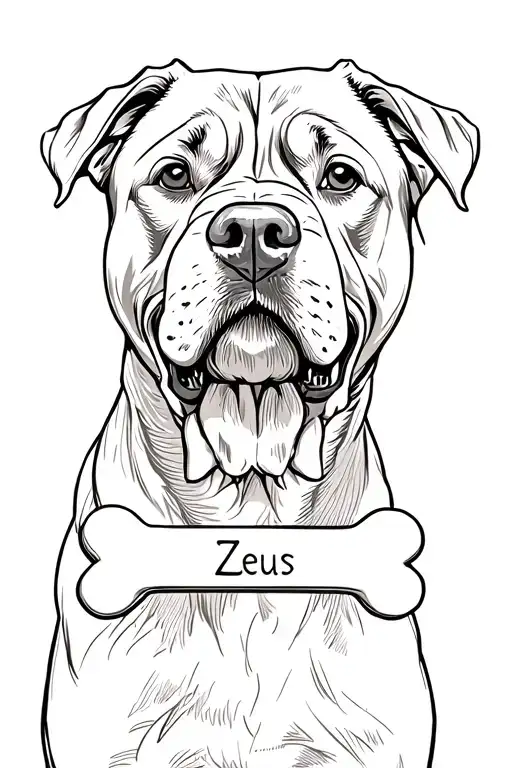 Rottweiler dog with the name Zeus holding a dog bone in his mouth  tattoo design idea