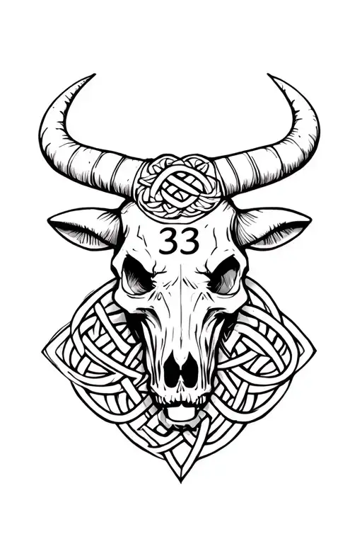 Taurus Bull. skull with the number 33 on the forehead. sad clown. tribal style Celtic knot background tattoo design idea