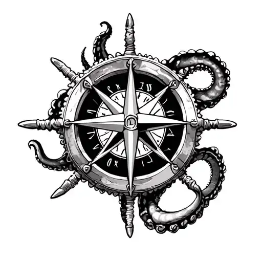 compass rose ships wheel kraken tentacles tattoo design idea