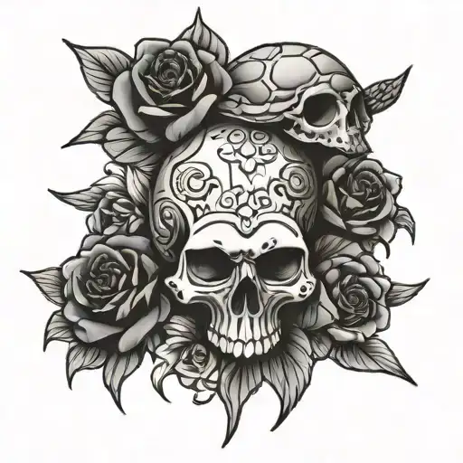 skull roses and sea turtles  tattoo design idea