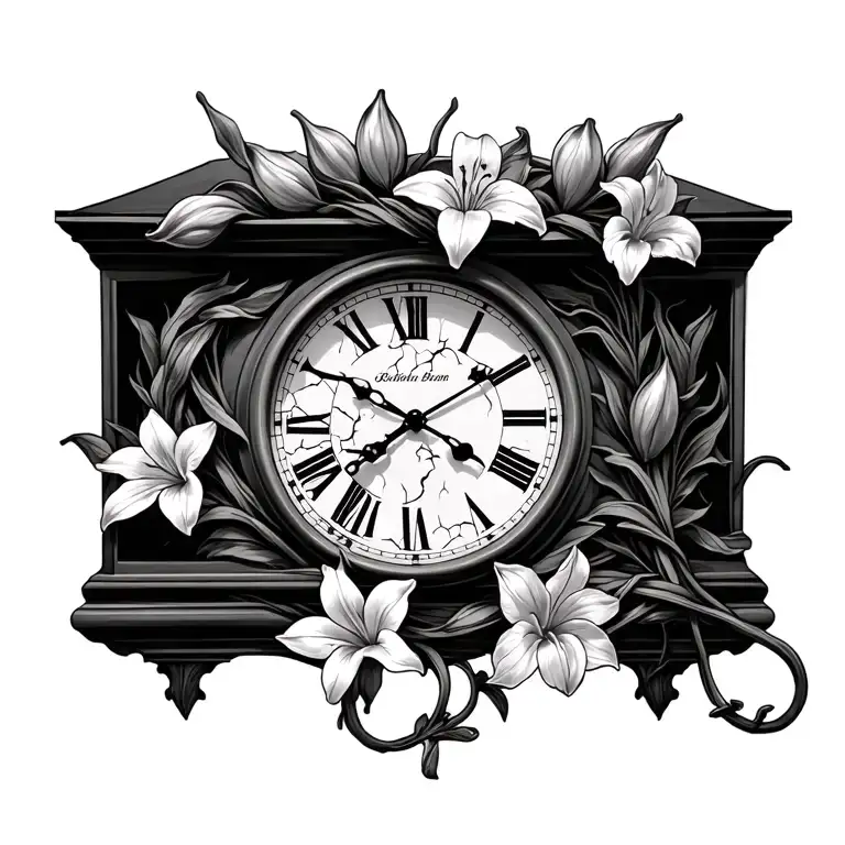 old ben clock with maybe some slight cracking and withering covered in lilys and tulips while kind of being wrapped vine tattoo design idea