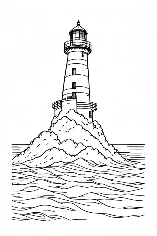 A drawing a linear, simple, and minimalist of a illuminated lighthouse on a peninsula with a raging sea.For small tattoo tattoo design idea